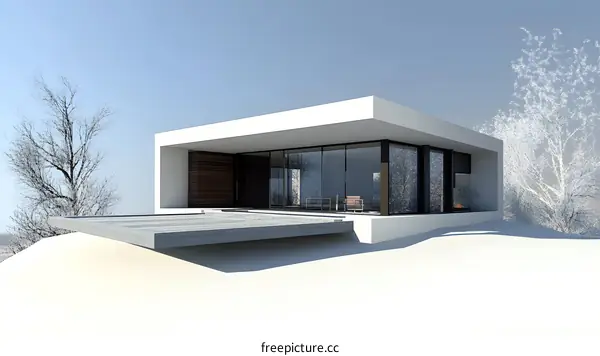Modern Minimalist House with Snow Covered Trees and  a Deck