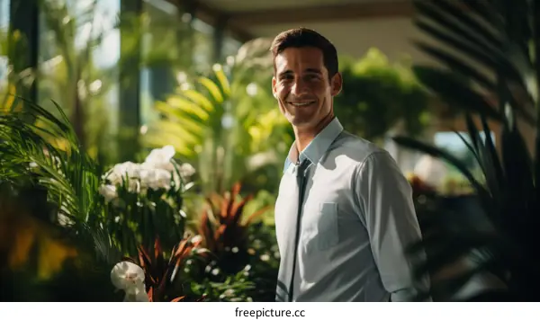 Portrait of a young male botanist in a greenhouse