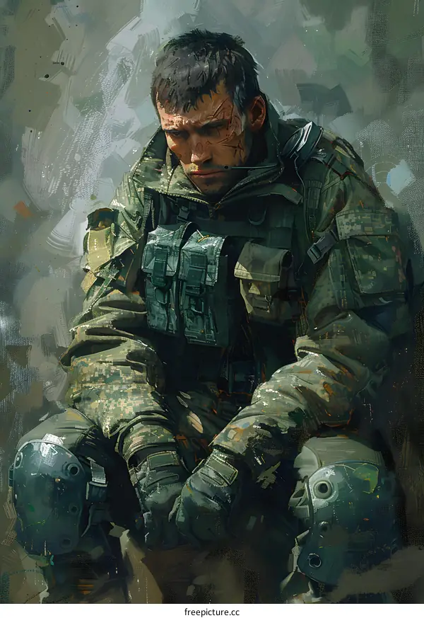 A soldier sits on the ground, his face is dirty and he looks tired.