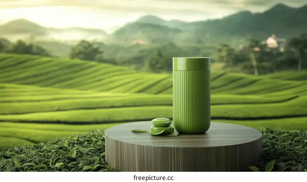 Green Tea Cup on Wooden Display Against Tea Plantation