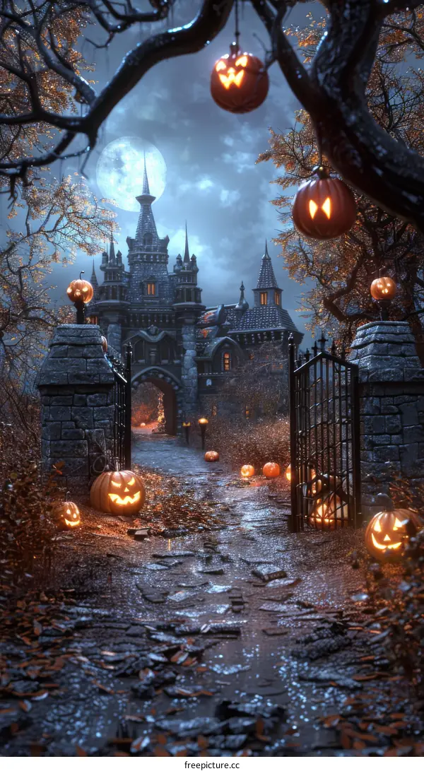 Spooky castle and pumpkins for Halloween