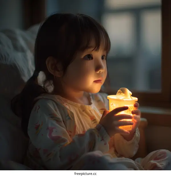 A thoughtful little girl holding a candle in the dark