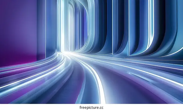 Blue and purple glowing curved lines in a futuristic tunnel