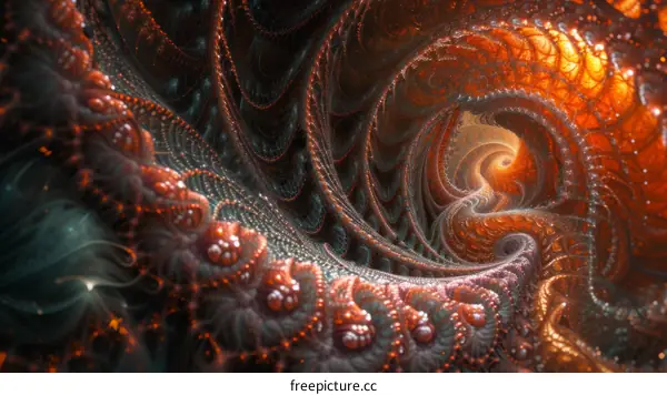 Amazing 3D rendering of a glowing orange and black fractal