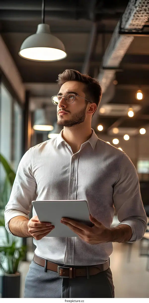 Businessman Holding Tablet in Office Setting