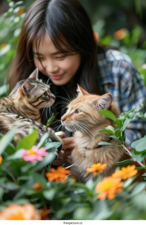 A young woman is petting two cats in a garden.