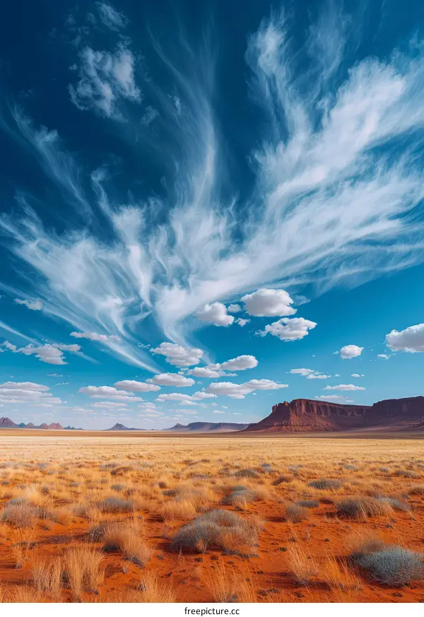 Arid Desert Landscape with Blue Sky and Sparse Vegetation