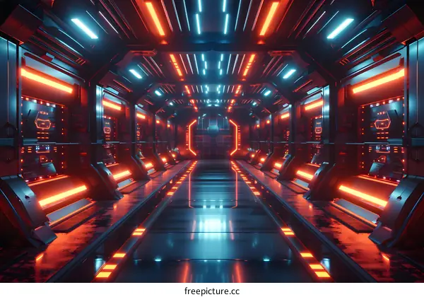Futuristic Sci-Fi Spaceship Glowing Red Blue Neon Lights Corridor