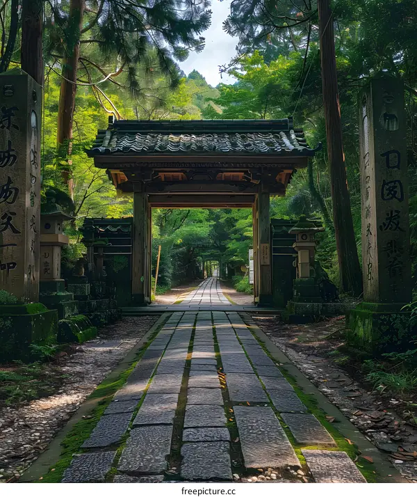 A stone path leading to a temple gate in a forest