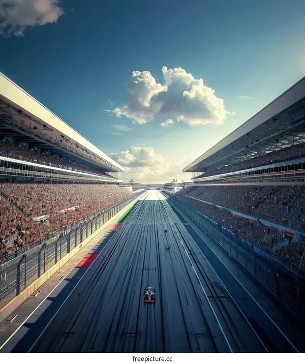 Formula One car racing down a track with grandstands full of spectators