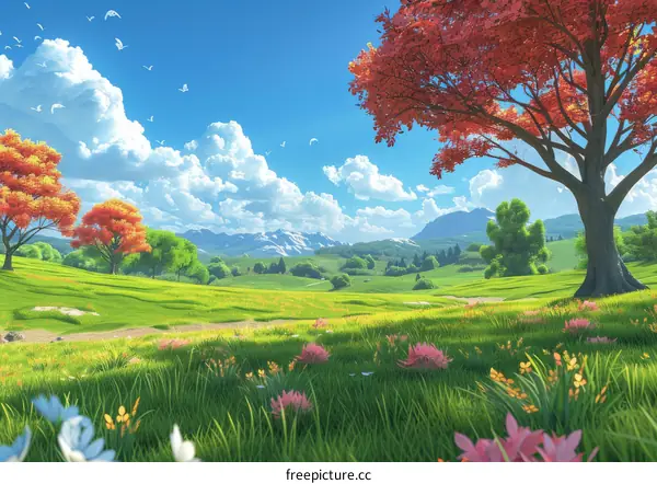Fantasy Landscape with Red Tree and Blooming Flowers