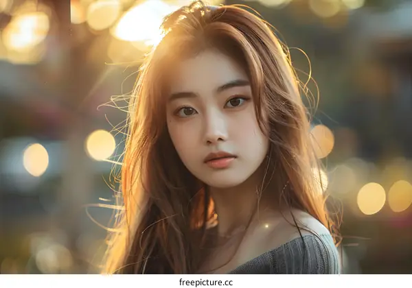 Portrait of a Beautiful Asian Woman with Long Hair in Soft Golden Light