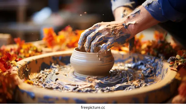 The potter's hands shape the clay on the spinning wheel