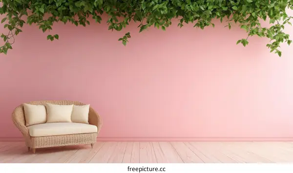 Pink Room with Rattan Sofa and Greenery