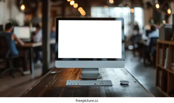 A computer sits on a wooden table in an office with a blank screen