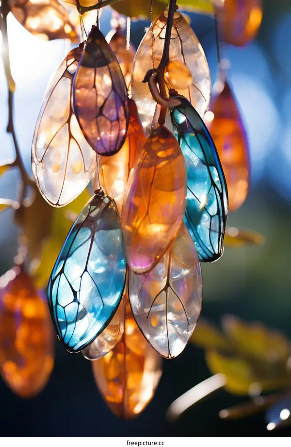 Amazing colorful transparent butterfly chrysalis hanging on a tree branch