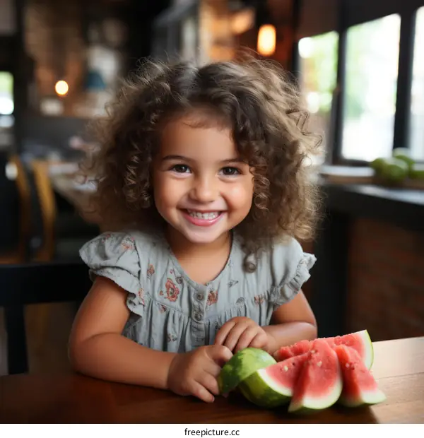 Portrait of a smiling toddler girl with curly hair eating watermelon