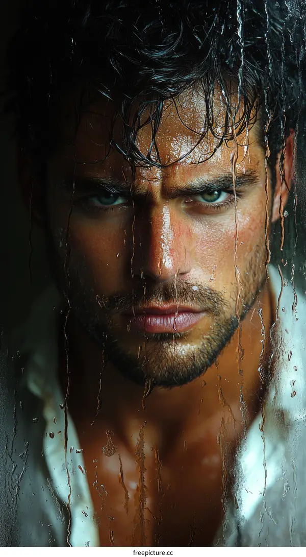 Closeup Portrait of a Wet Caucasian Man