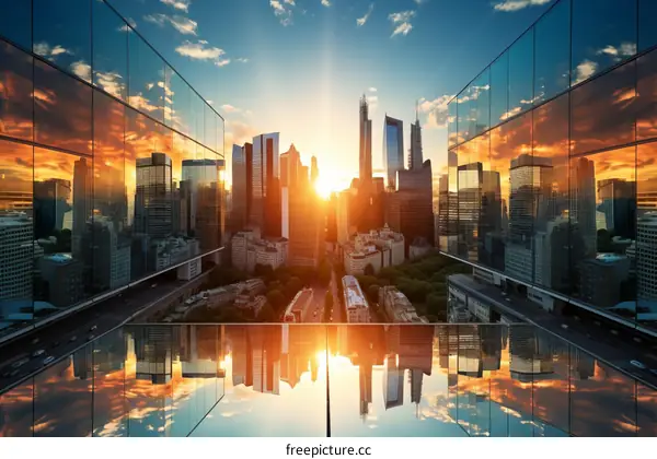 Stunning sunset over a modern city with skyscrapers made of glass reflecting the sky