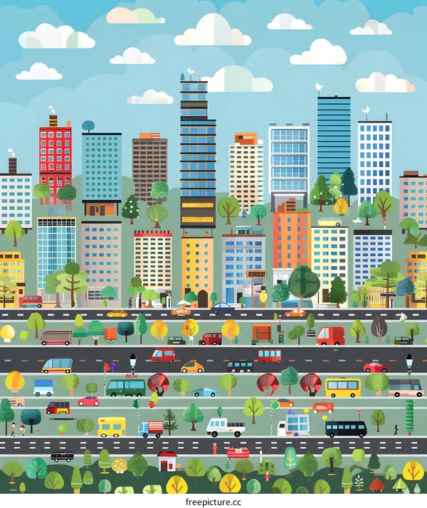 Colorful Cityscape Illustration with Buildings, Trees, and Vehicles