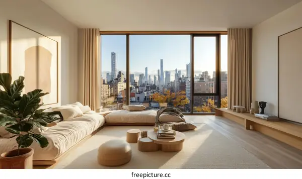Modern Minimalist Living Room with City View