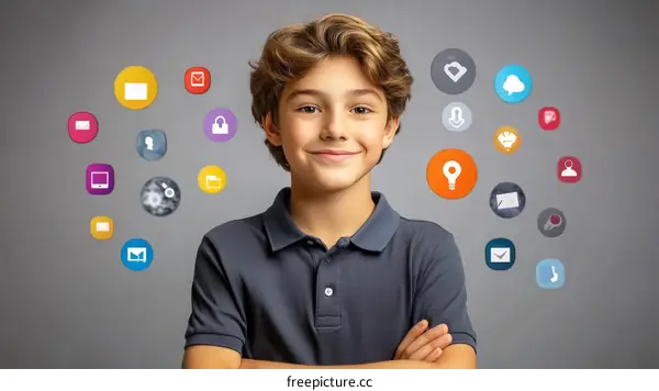 Boy with Digital Icons Representing Technology