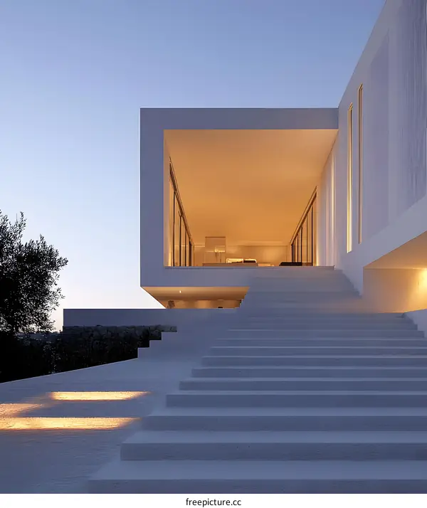 Modern White House Architecture with Steps and Evening Sky