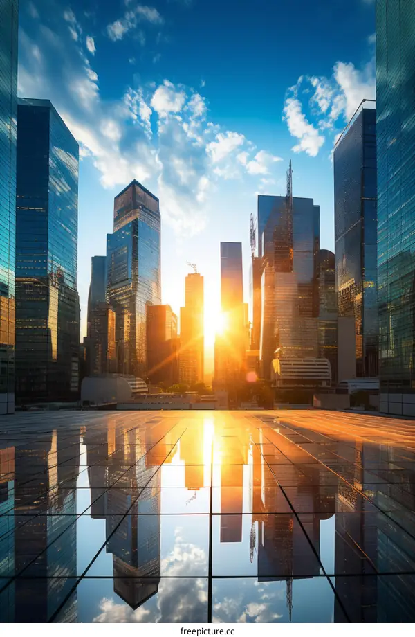 Hong Kong city skyline at sunset with reflection on the ground