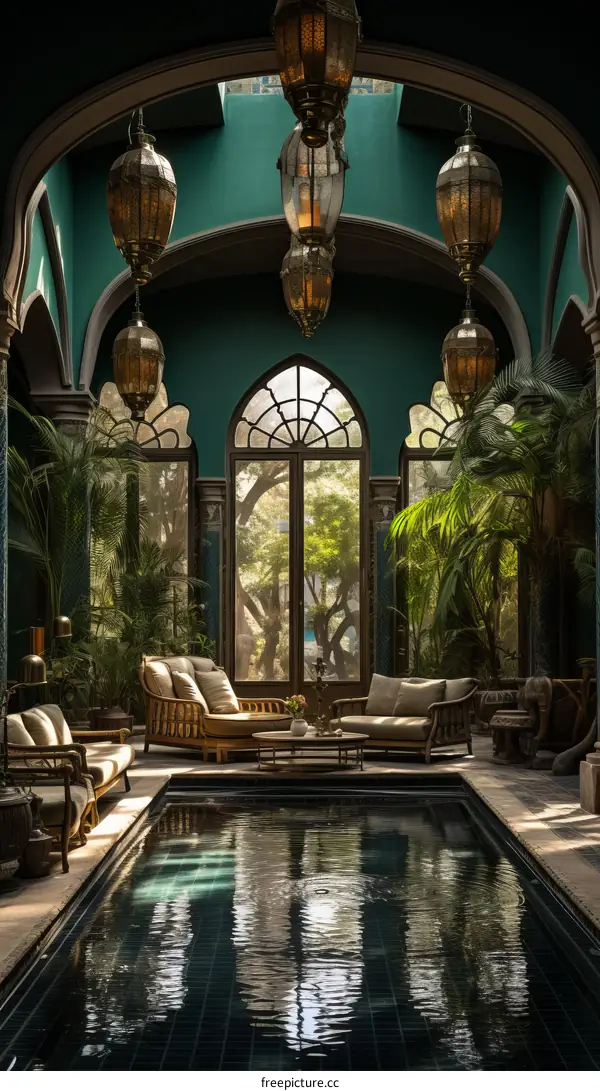 Luxurious Indoor Swimming Pool with Green Walls and Arched Windows