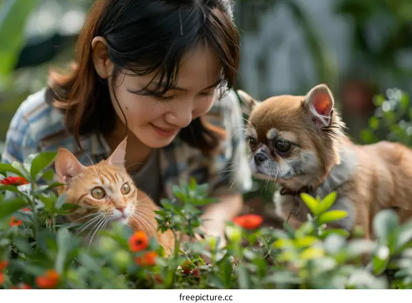 A young woman is smiling at a cat and a dog in a garden