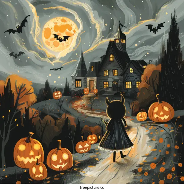 A girl walking towards a haunted house on Halloween night