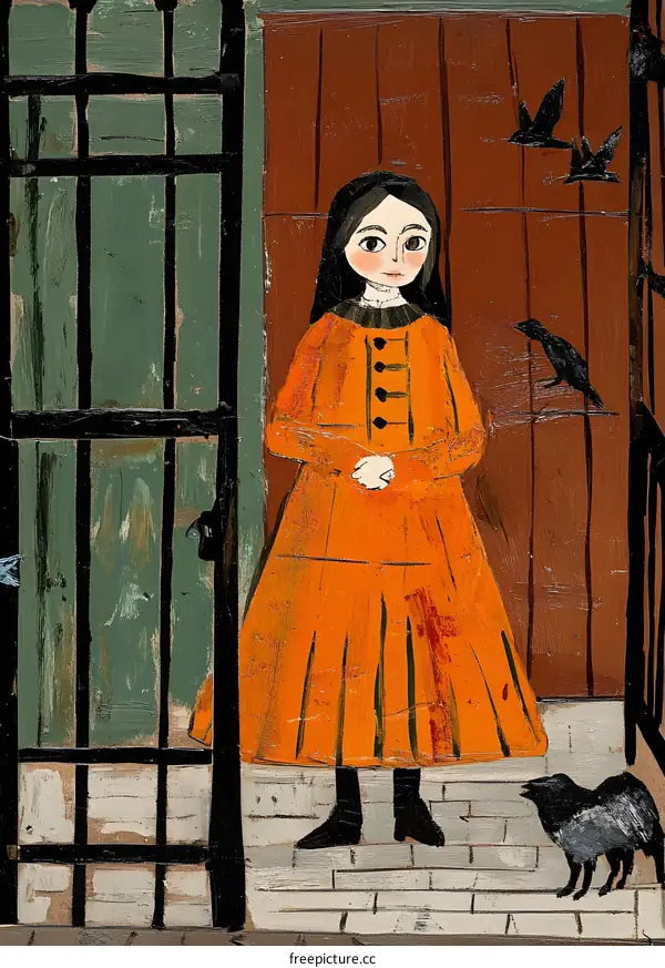 Girl in Orange Dress Standing by a Door with Crows