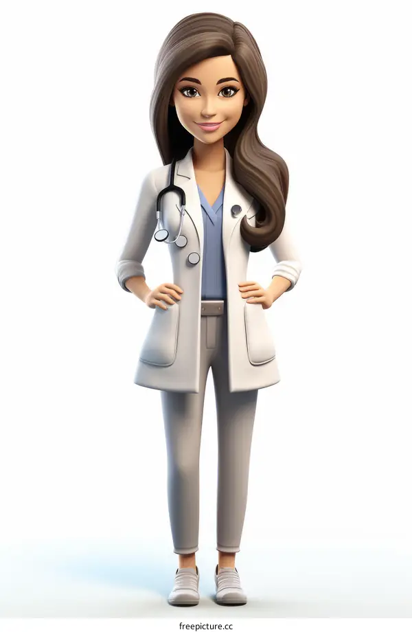 A female doctor with long brown hair wearing a white coat and stethoscope