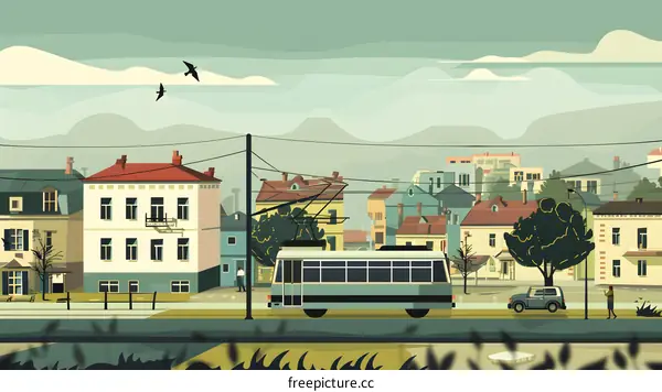 Tramway Cityscape Illustration Featuring Buildings and People