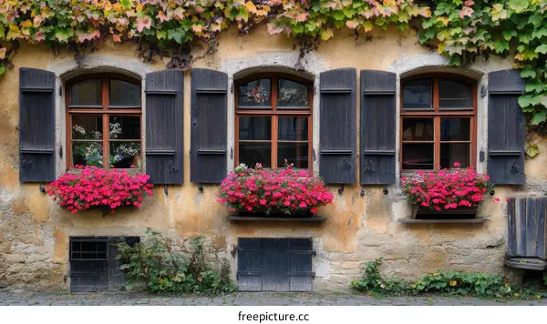 Charming European Building with Ornate Windows and Flowers