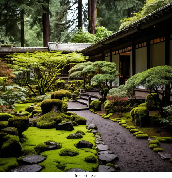 A beautiful Japanese garden with a traditional house