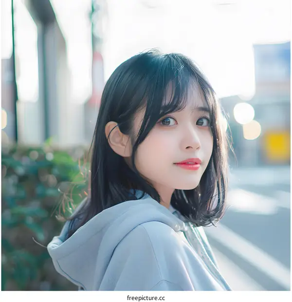Portrait of a Young Japanese Woman with Black Hair Wearing a Blue Hoodie