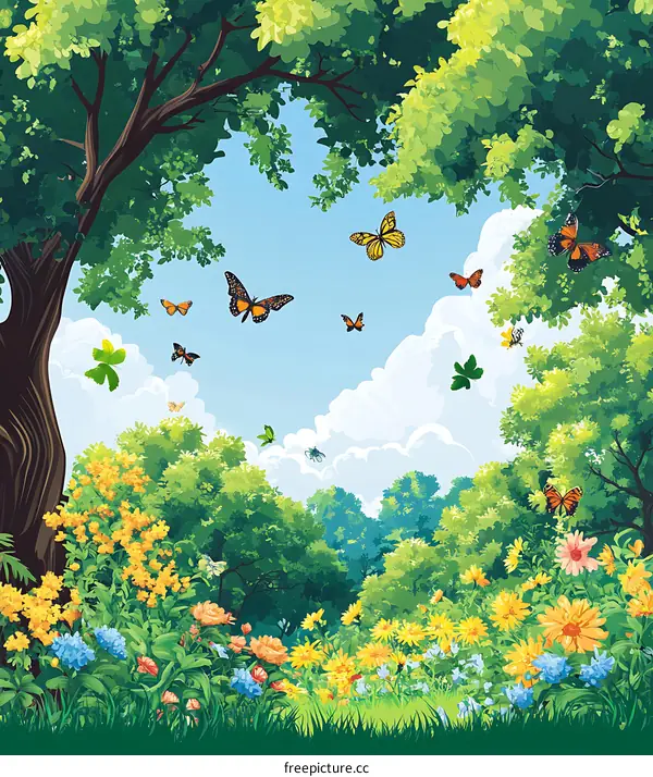 Beautiful Spring Butterfly Garden With Green Trees