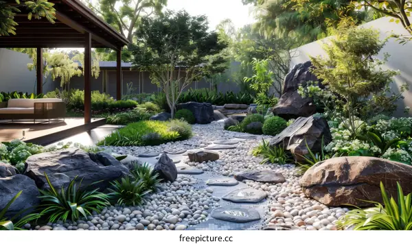 Japanese Zen Garden Landscape with Natural Stones and Plants