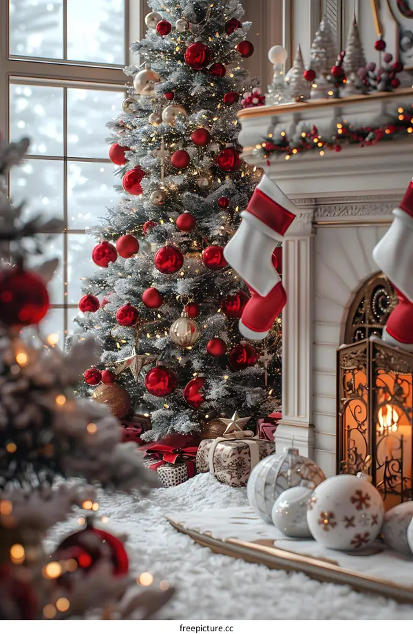 A living room with a Christmas tree and a fireplace