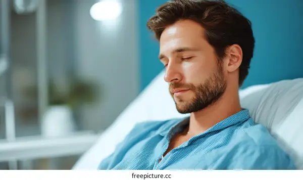 Man resting with closed eyes on a bed in a room