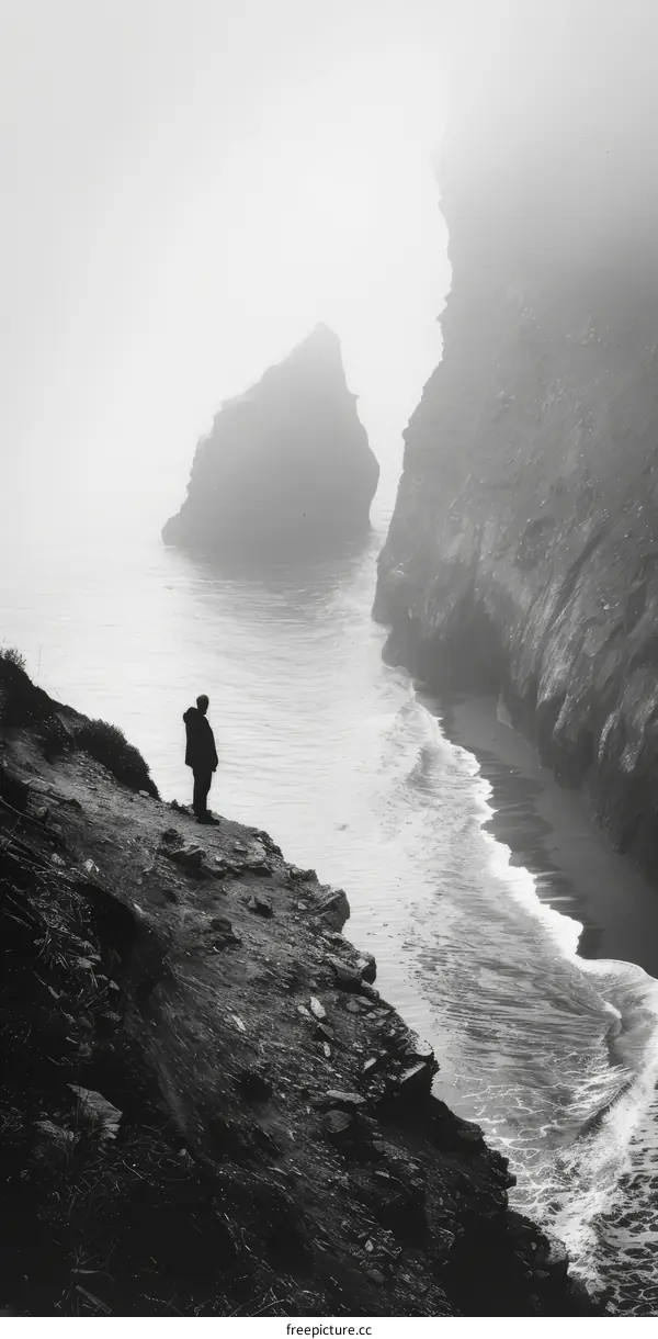 Man standing alone on a cliff overlooking a foggy sea