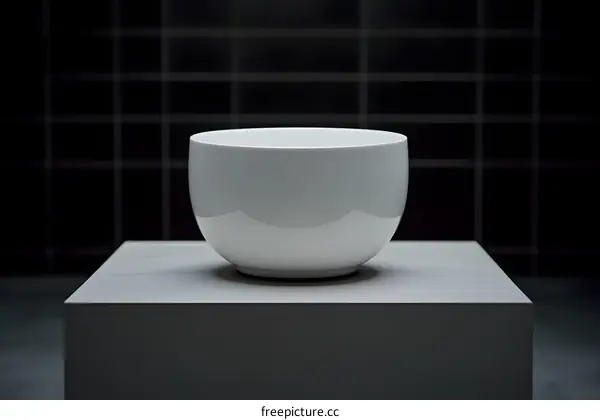 White Ceramic Bowl on a Grey Platform Against a Black Tile Background
