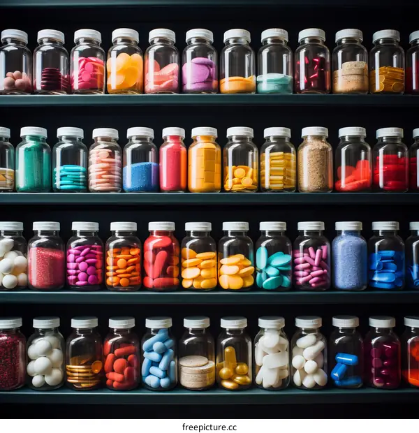 Colorful Pills and Capsules in Pharmacy Jars