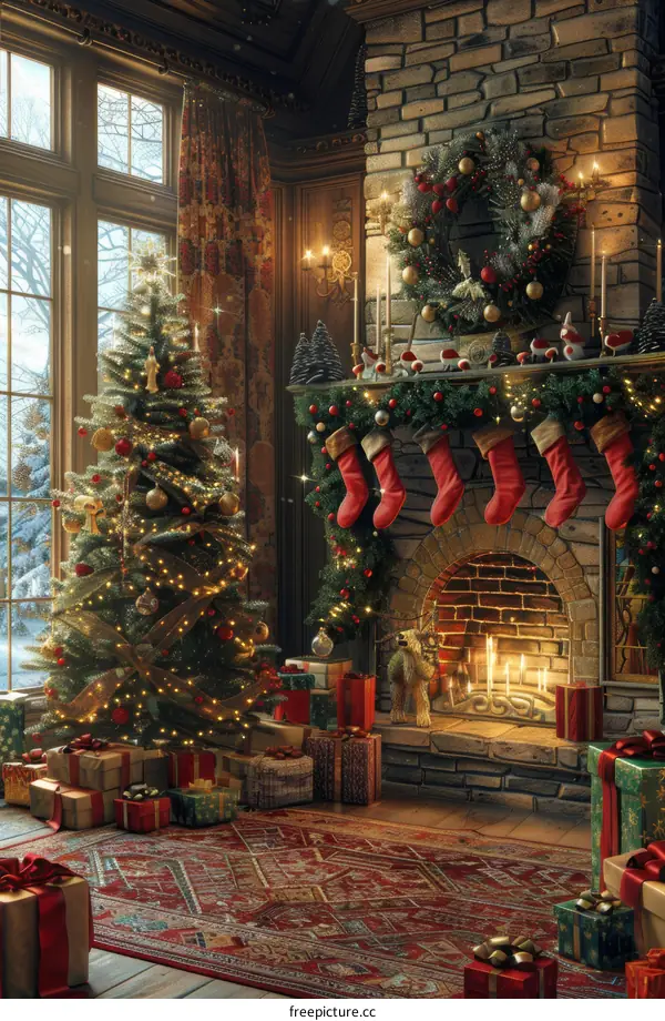 Cozy Christmas Living Room with Decorated Tree, Fireplace, and Presents