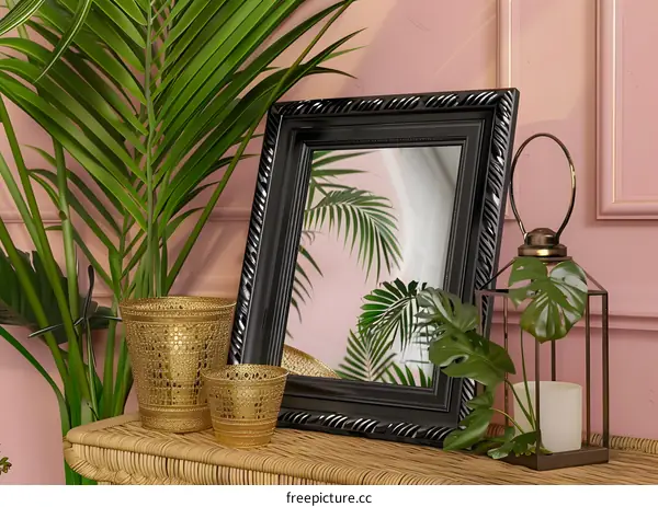 Black Frame Mirror with Tropical Plants
