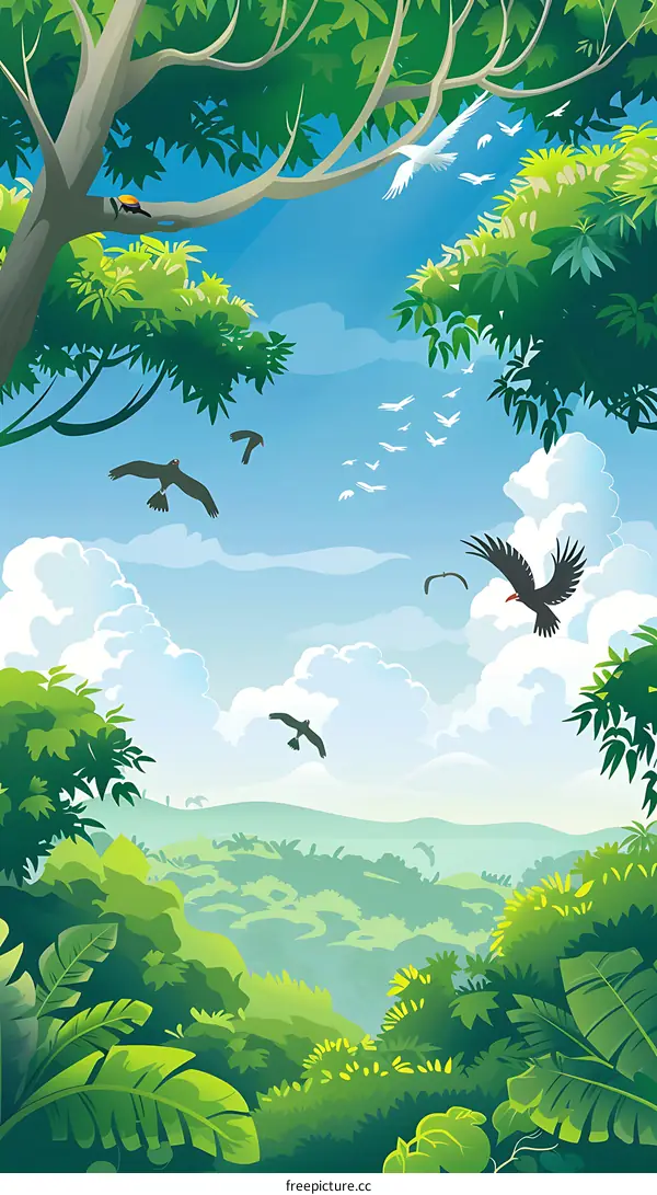 Green Forest Landscape With Birds Flying