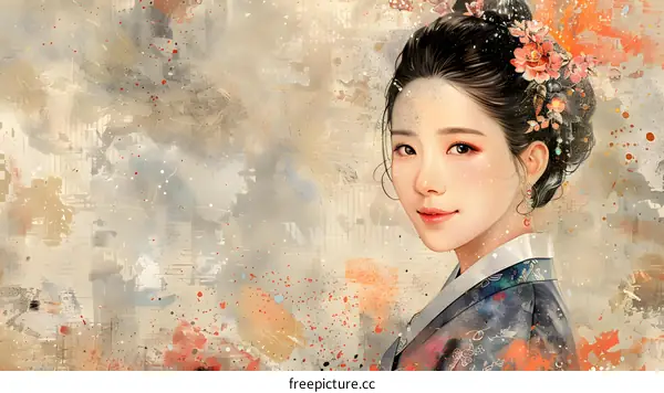 A beautiful Korean woman in traditional dress smiles against a textured background.