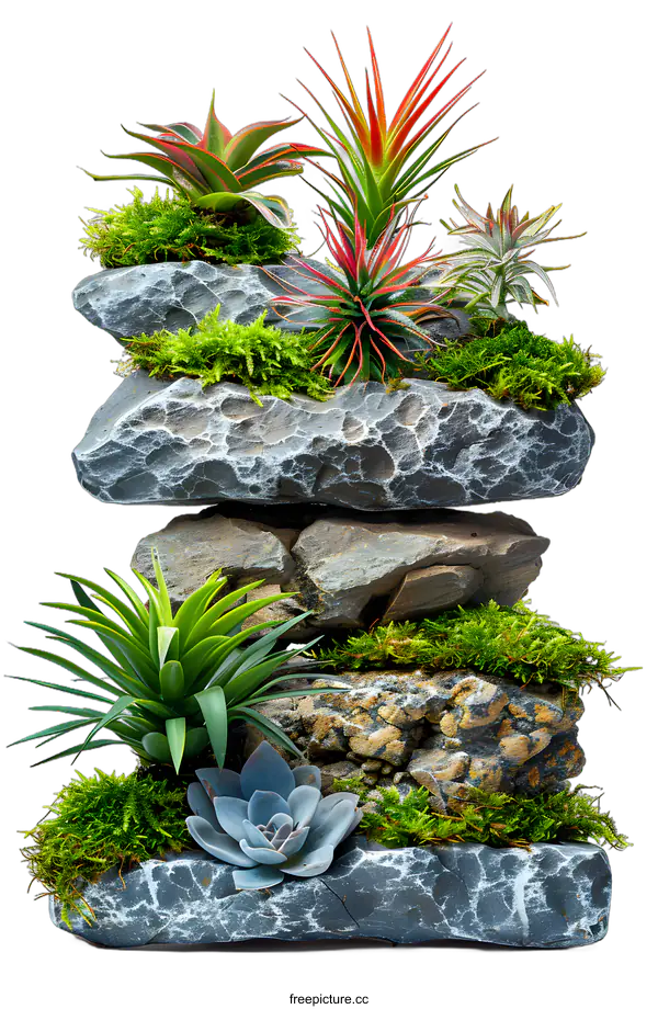 [Transparent Background PNG]Succulent Plants and Moss on Stacked Rocks