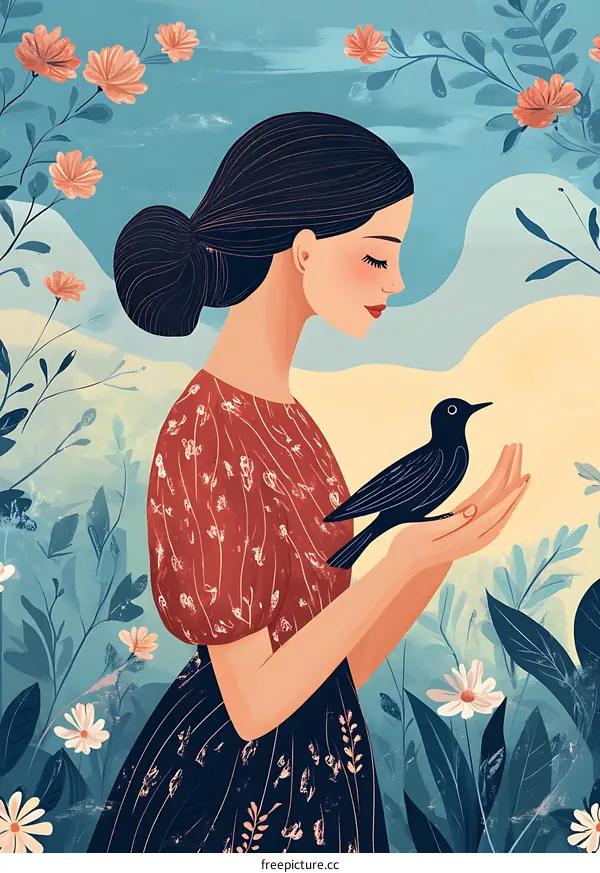 Woman Holding Bird in Garden Illustration